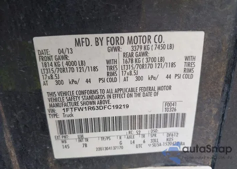 2013 Ford F-150 Svt Raptor z USA, uszkodzony, nr VIN 1FTFW1R63DFC19219